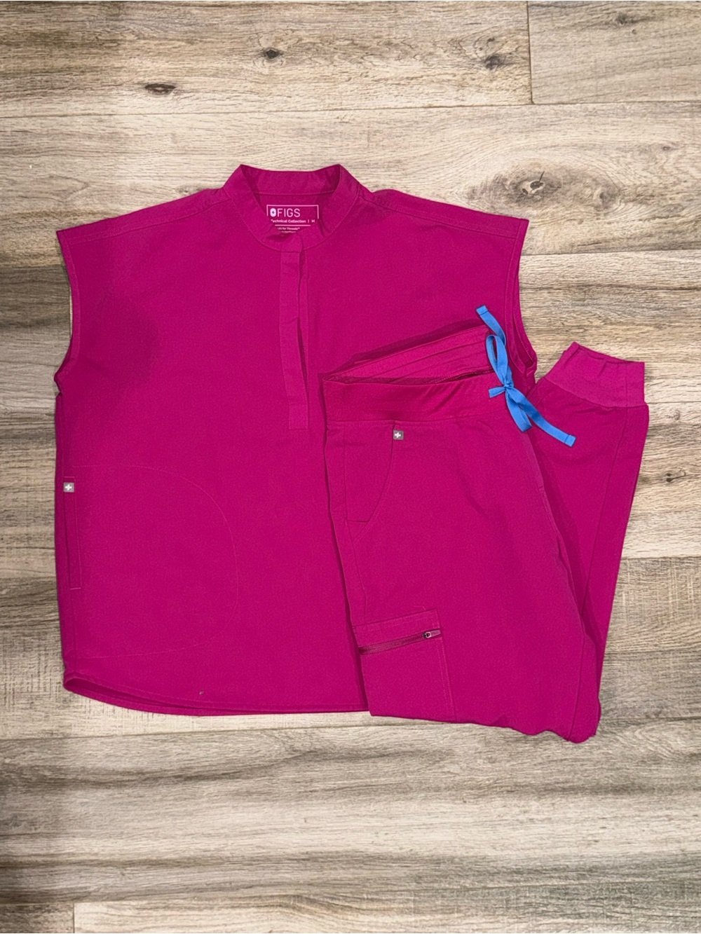 FIGS Magenta Scrub Top and Pants with Blue Drawstring